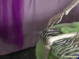 kinky trans beauty stroking her huge cock