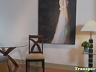 busty tgirl in stockings wanking her cock