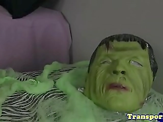 costumed black tgirl wanks cock on halloween