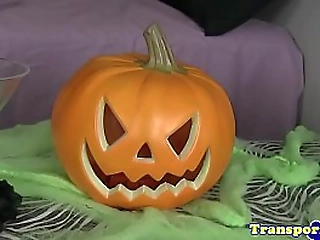 pierced trans plays with her hard cock