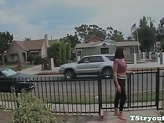 auditioning tgirl wanks cock for the camera