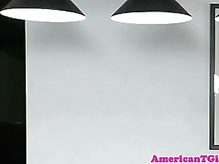 busty tgirl tugging and stroking her dick