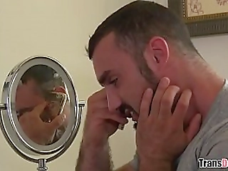 sweet hot shemale with uncircumcised dick gives head then get banged