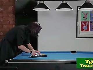 tanned brunette shemale gets a massive cumshot all over her