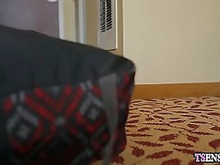 escort service delivers super hot shemale to guys hotel room