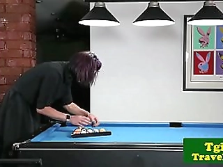 busty trans trap tugs hard cock on pool table