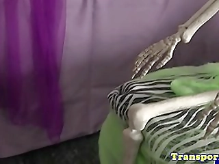 pierced trans beauty jerks her cock