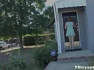 mature tranny wanks her cock at casting