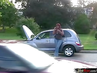 redhead shebabe strips down in exchange for the car fix