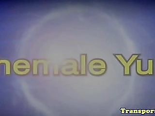 teasing ladyboy jerks off in outdoor pool