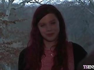 redhead teen shemale enjoys in a crazy threesome sex