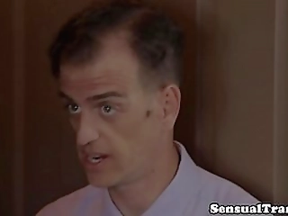 tranny drills a sissified guy until he cums