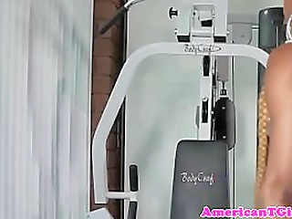 busty ebony inked tgirl tugging her cock